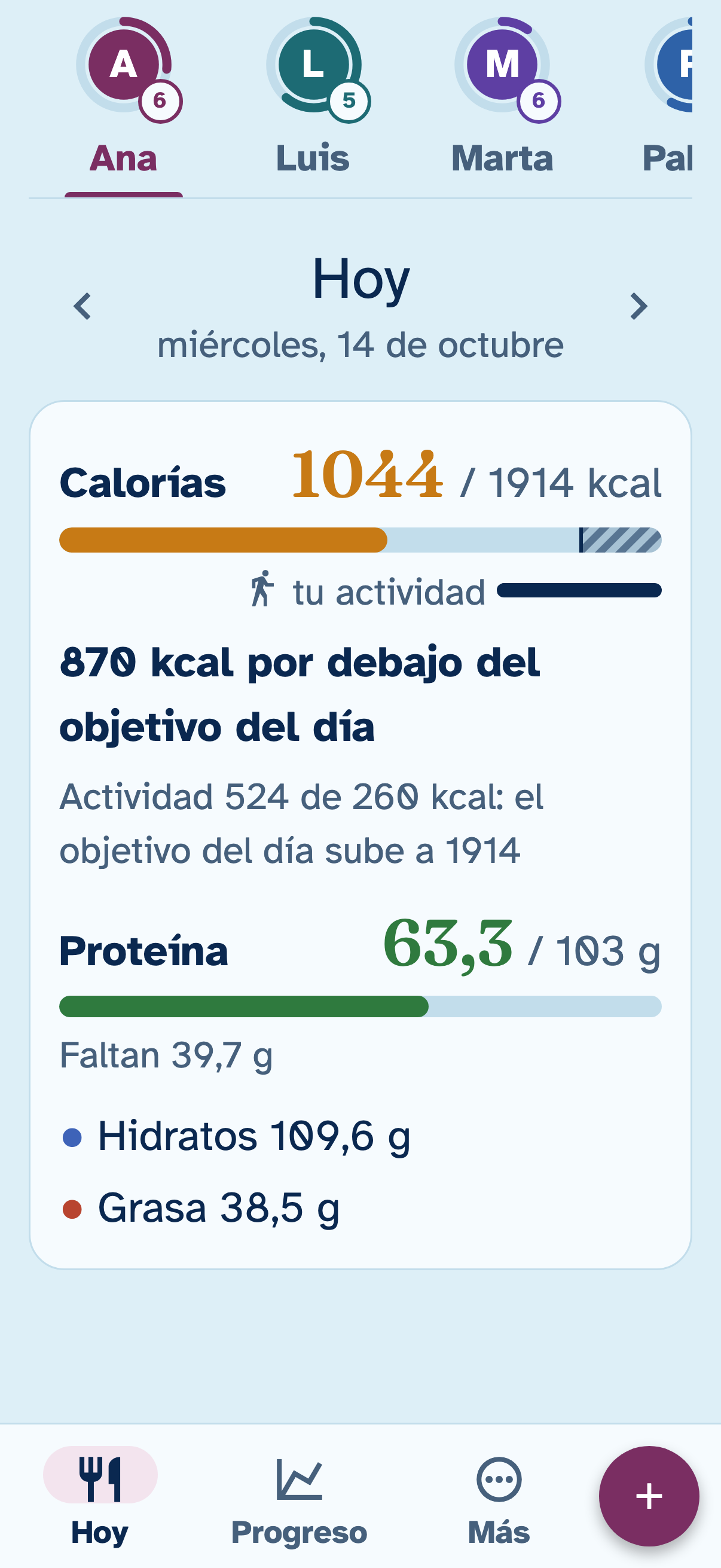 La misma pantalla con la letra grande: el resumen del día de Ana, 1044 de 1914 kcal y 63,3 de 103 g de proteína.