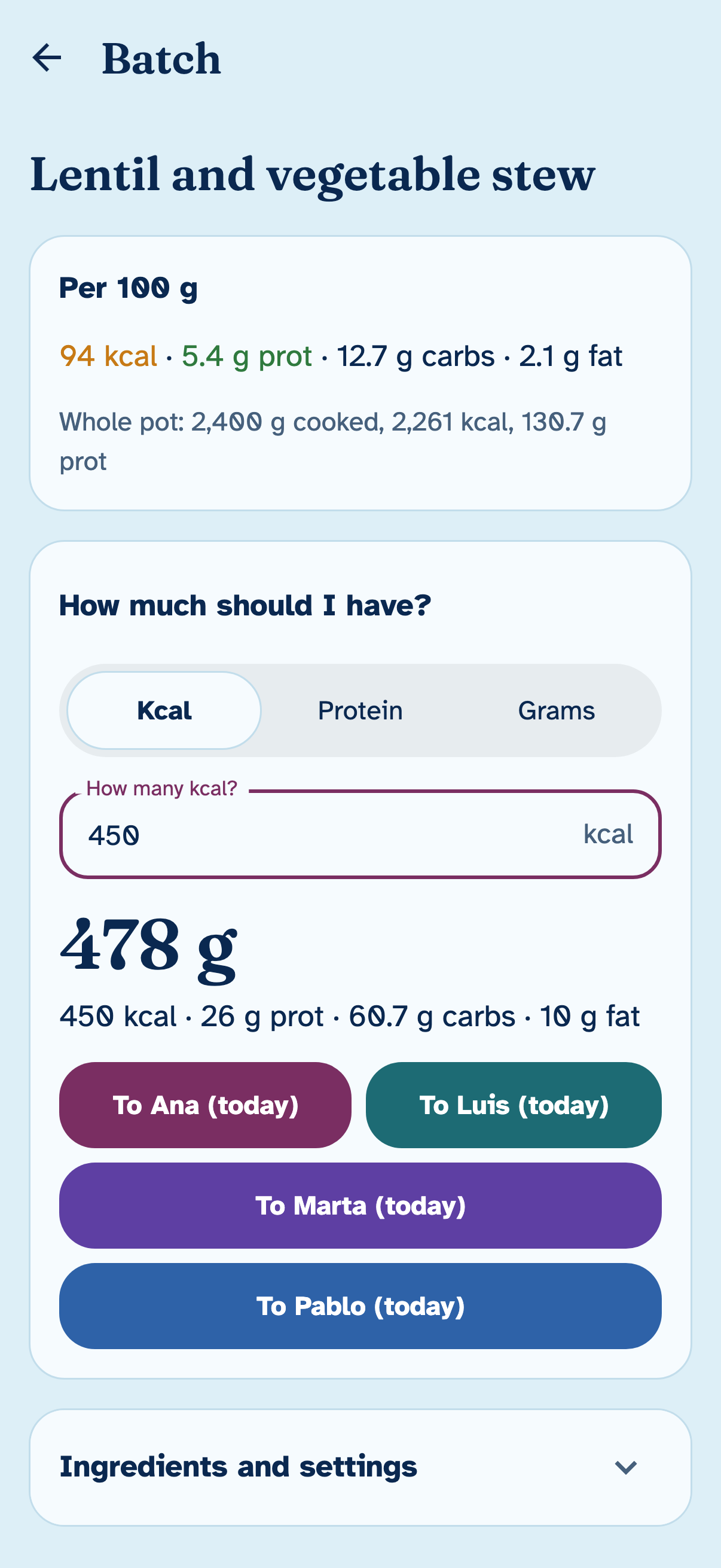 The page of a lentil-and-vegetable batch: 478 g gives 450 kcal, with a button to log it for each person in the group.